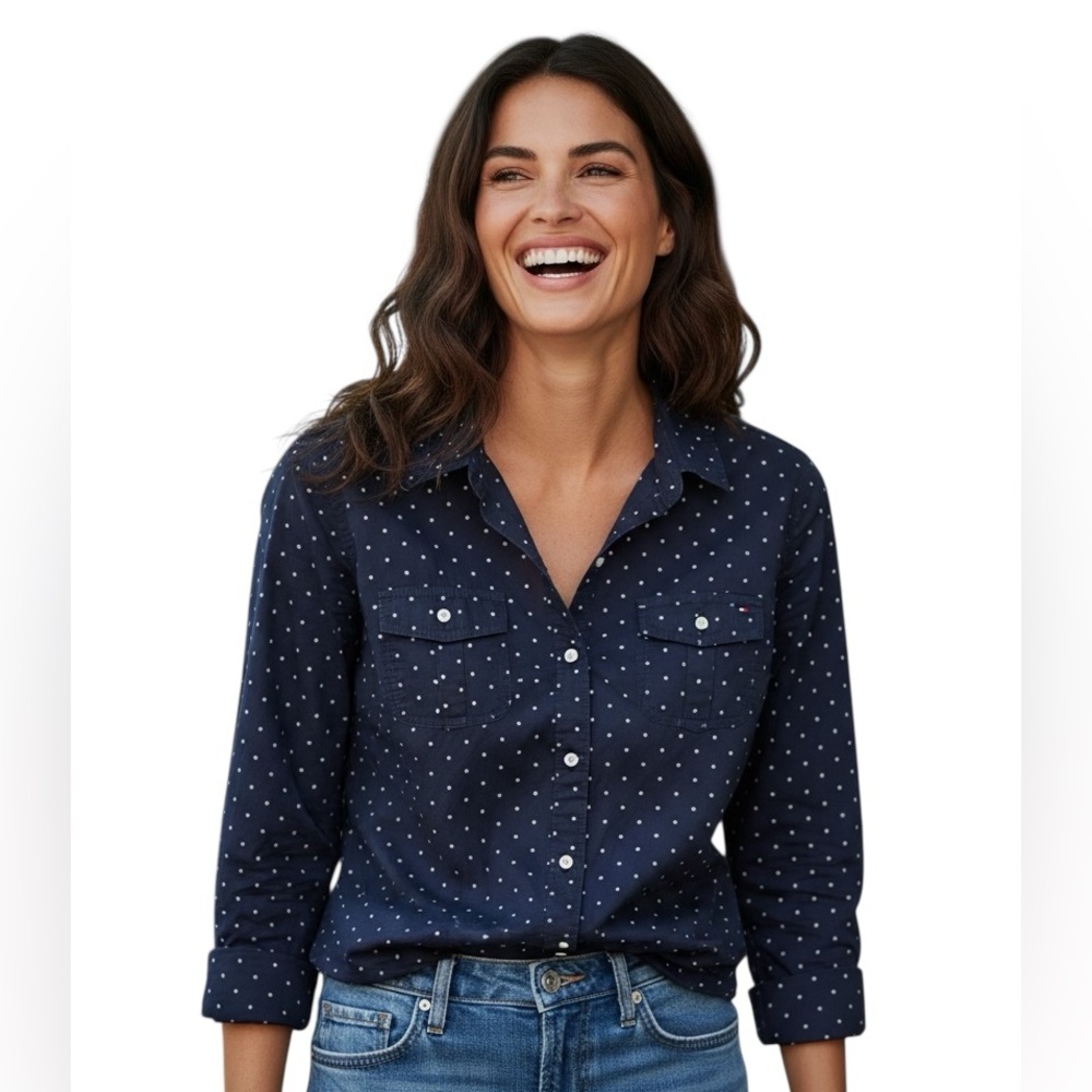 Tommy Hilfiger Navy and White Polka Dot Button Down Shirt Large Preppy